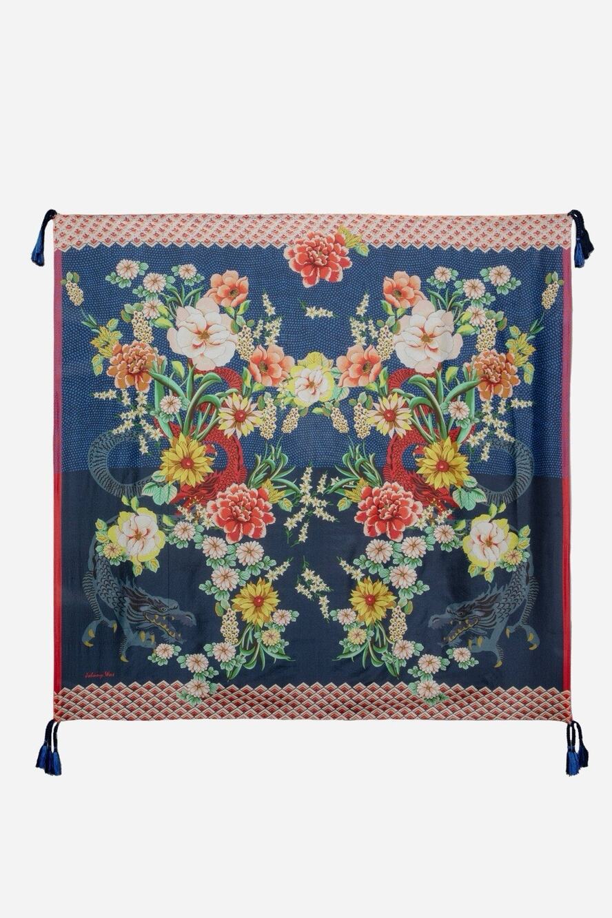 Johnny Was DRAGONA SCARF Blue Red 44” Silk Scarf Fringe